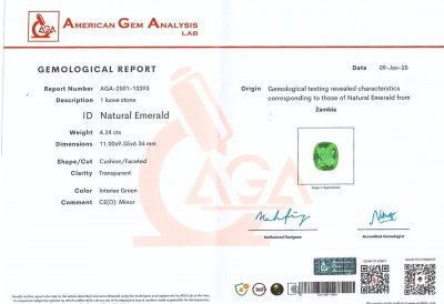 Сертификат Изумруд Intense Green в огранке кушон 4,24 карата, Замбия 