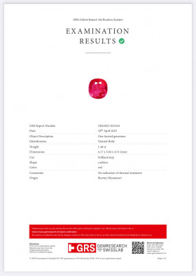Сертификат Негретый рубин в огранке кушон 1,46 карат, Бирма 