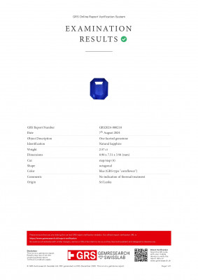 Сертификат Негретый сапфир Cornflower Blue в огранке октагон 2,57 карат, Шри-Ланка