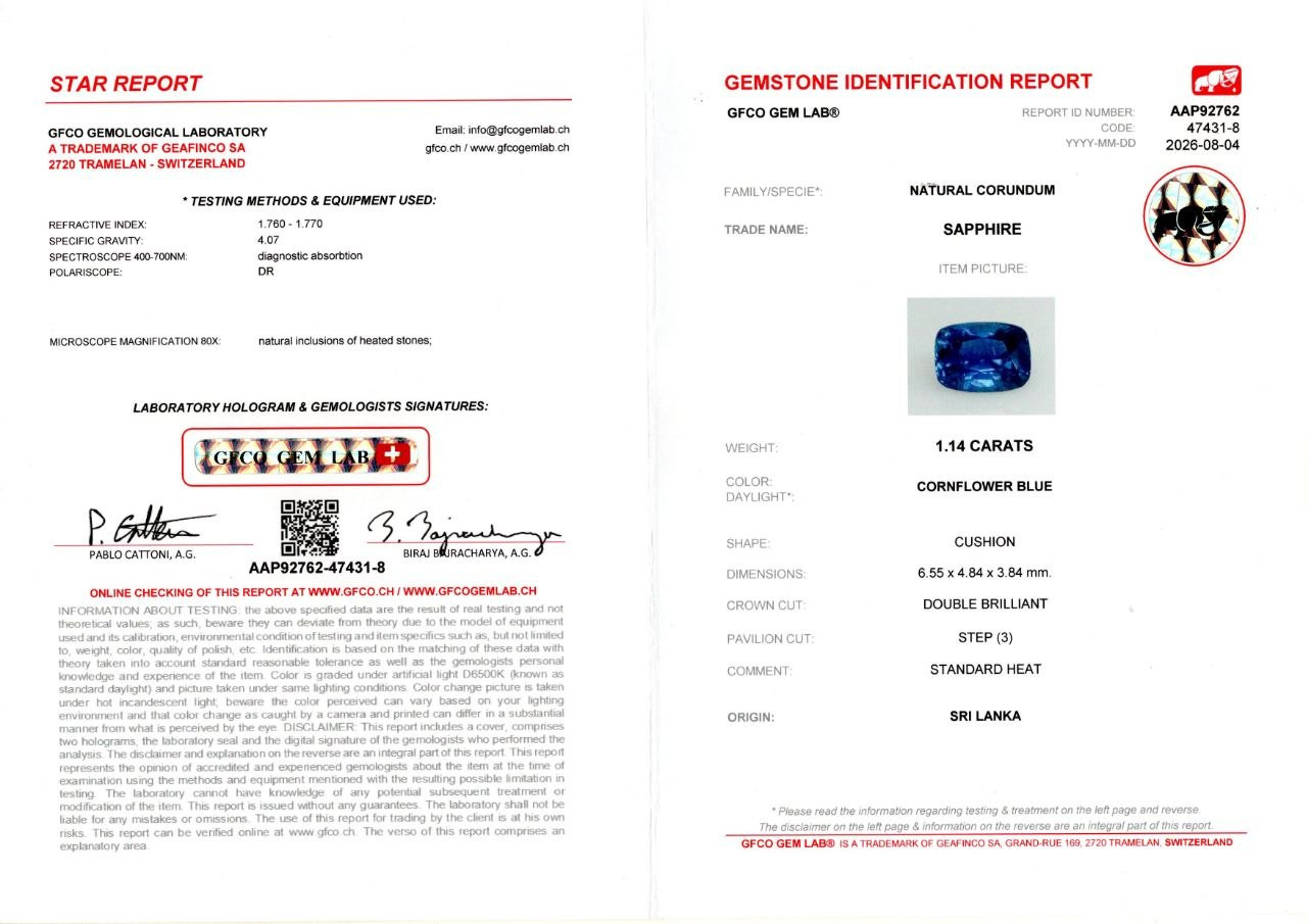 Сапфир Cornflower Blue в огранке кушон 1,14 карат, Шри-Ланка Изображение №6