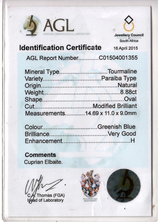 Сертификат Ярко-голубой турмалин параиба 8,88 карат, AGL