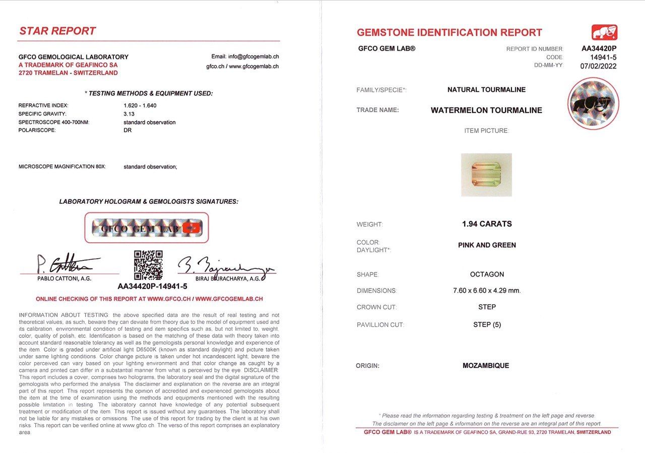 Сертификат Арбузный турмалин в огранке октагон 1,94 карата, Мозамбик