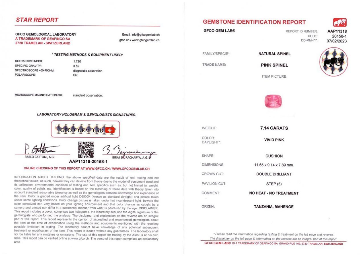 Сертификат Крупная неоново-розовая шпинель Махенге в огранке кушон 7,14 карат