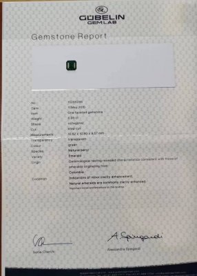 Сертификат Колумбийский изумруд цвета Vivid Green 5,95 карат, Gubelin