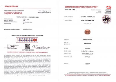 Сертификат Насыщенный оранжево-красный турмалин в огранке кушон 3,09 карат, Африка