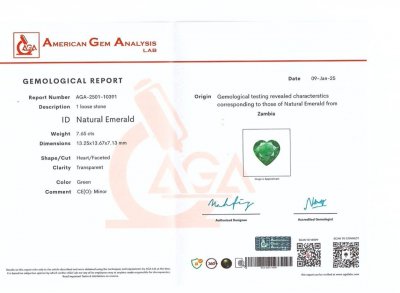 Сертификат Изумруд в огранке сердце 7,65 карата, Замбия 
