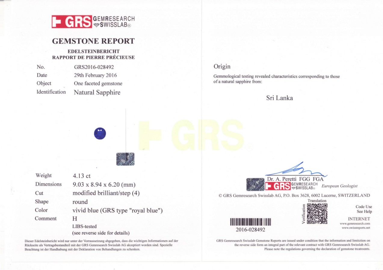 Сертификат Цейлонский сапфир 4,13 карат, GRS