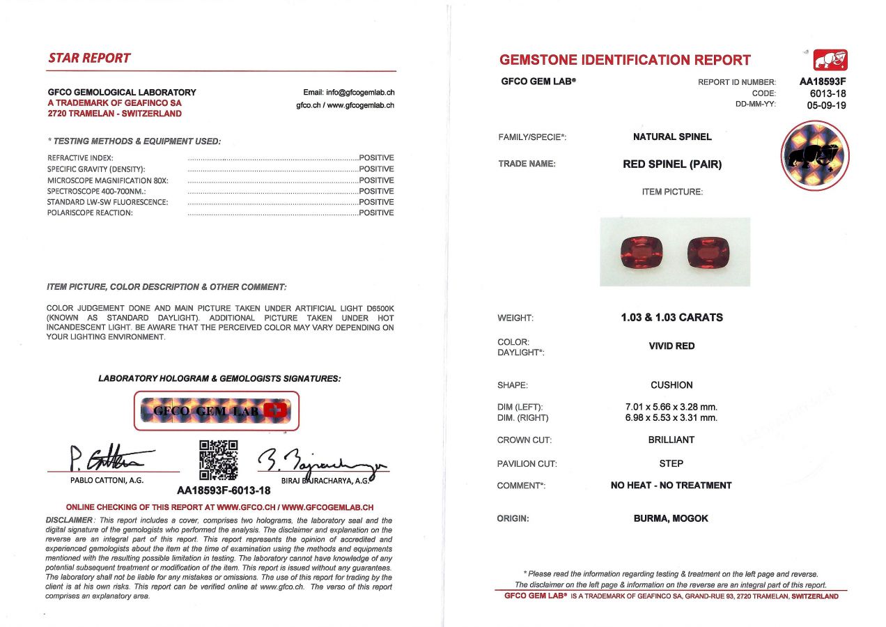 Сертификат Пара ярко-красных шпинелей 2,06 карата, GFCO