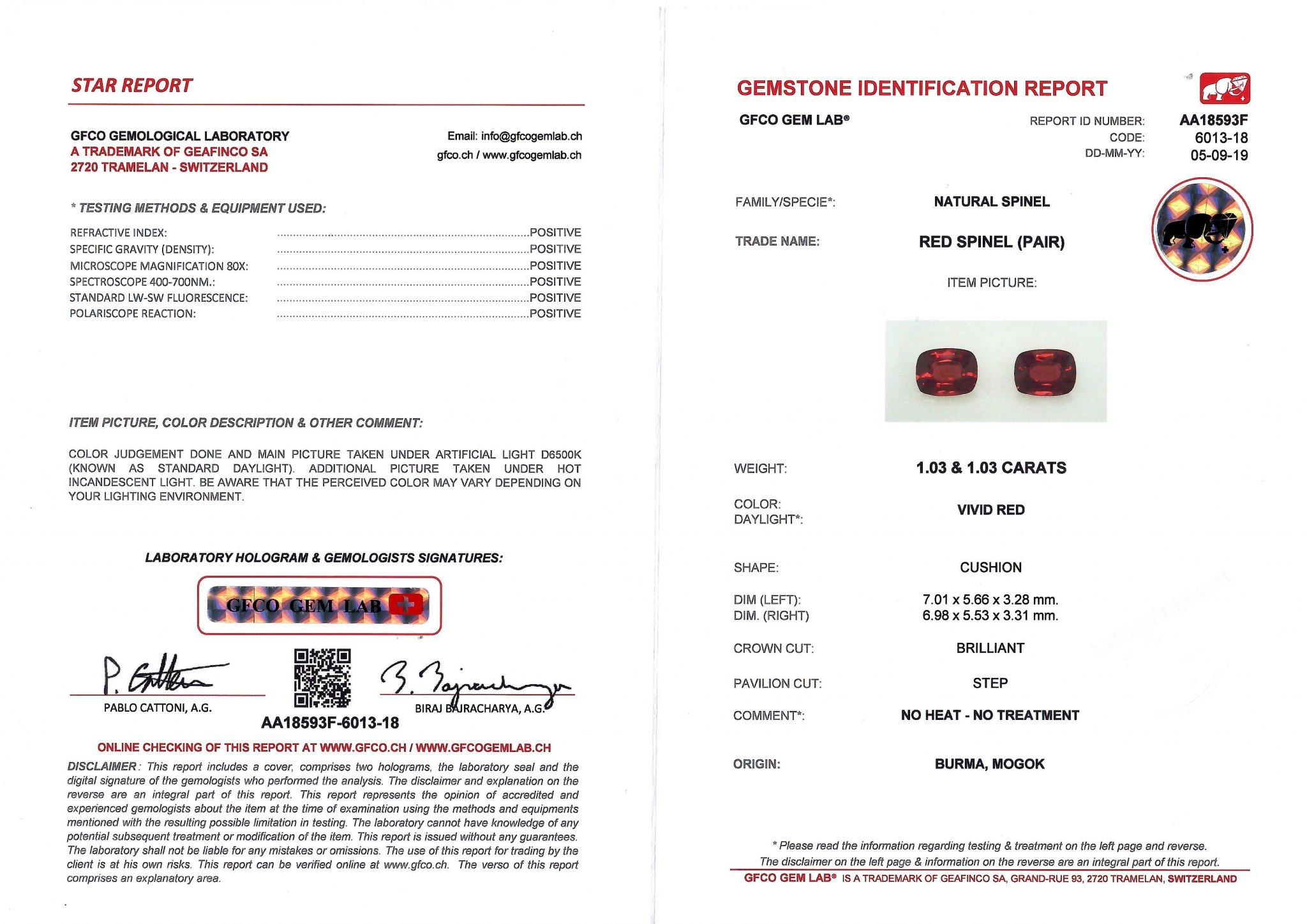 Пара ярко-красных шпинелей 2,06 карата, GFCO Изображение №4