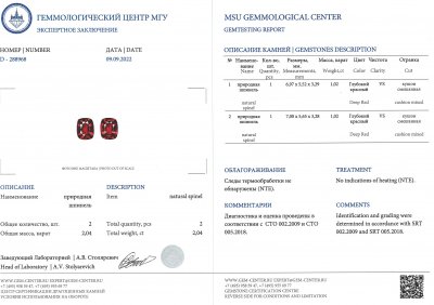 Сертификат Пара ярко-красных шпинелей 2,06 карата, GFCO