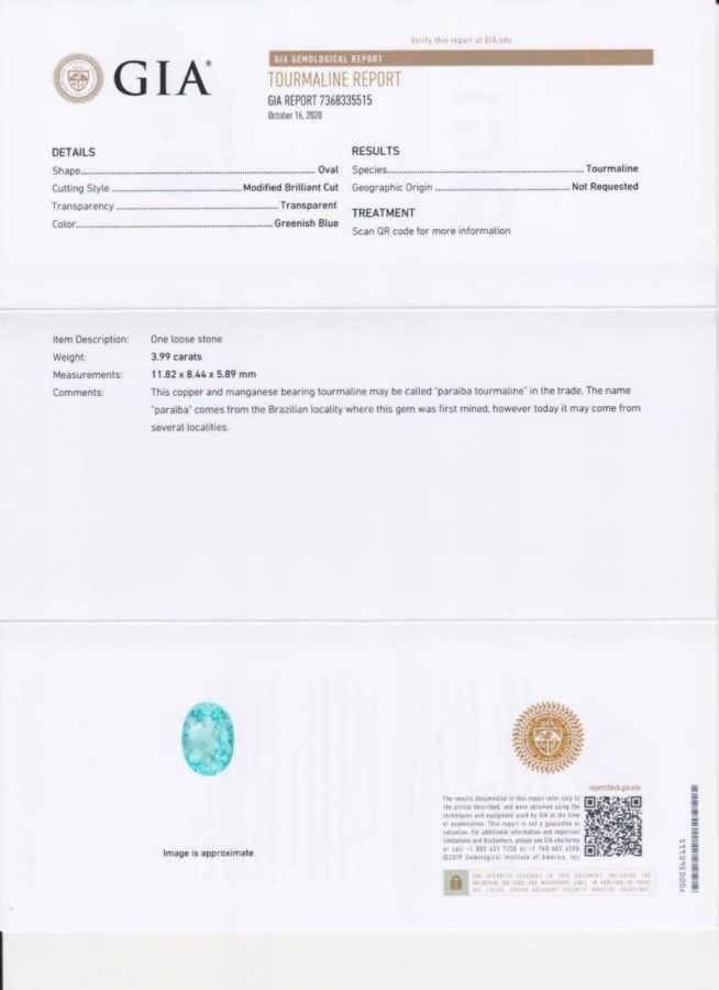 Сертификат Чистый голубой турмалин параиба 3,99 карата, GIA
