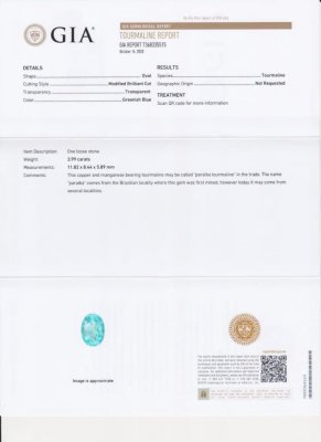 Сертификат Чистый голубой турмалин параиба 3,99 карата, GIA