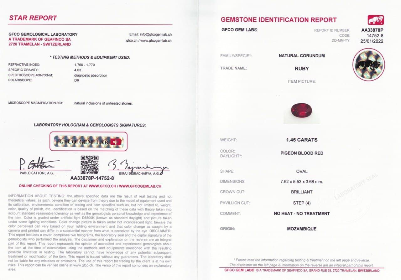 Сертификат Негретый рубин цвета Pigeon's blood в огранке овал 1,45 карат, Мозамбик