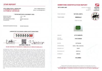 Сертификат Колумбийский изумруд в огранке октагон 2,73 карата