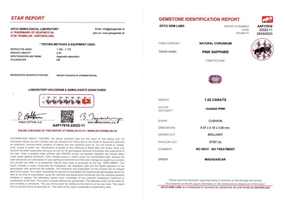 Сертификат Негретый фиолетовый сапфир в огранке кушон 1,02 карат, Мадагаскар
