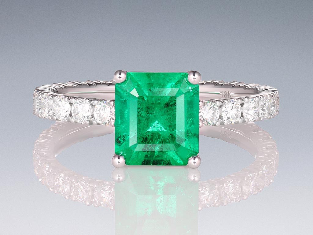 Кольцо с изумрудом цвета Muzo Green 1,62 карат и бриллиантами в белом золоте 750 пробы Изображение №1