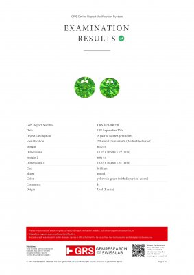 Сертификат Пара крупных уральских демантоидов в огранке круг 12,11 карата, GRS