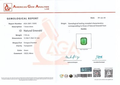 Сертификат Изумруд в огранке октагон 7,94 карата, Замбия 