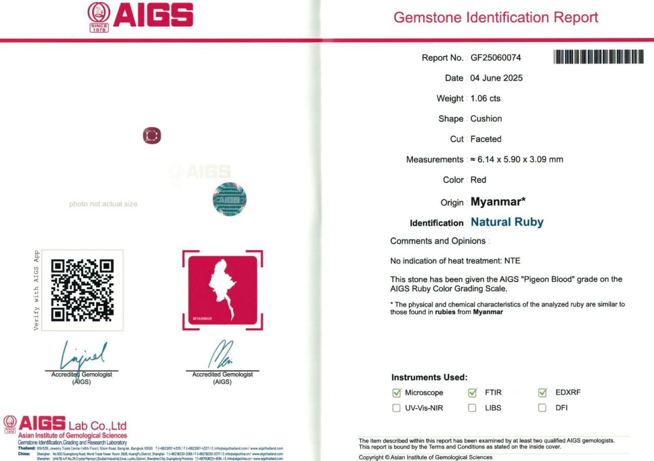 Негретый рубин Pigeon blood в огранке кушон 1,06 карат, Бирма  Изображение №6