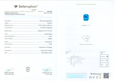 Сертификат Синий сапфир в огранке радиант 4,08 карат, Шри-Ланка