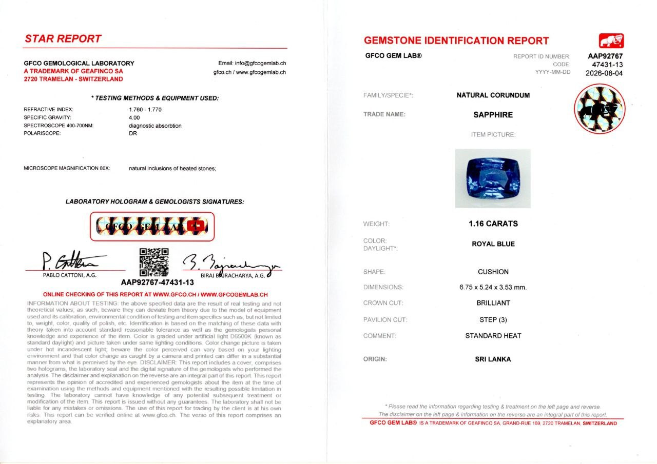 Сапфир Royal Blue в огранке кушон 1,16 карат, Шри-Ланка  Изображение №6