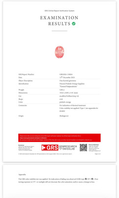 Сертификат Негретый сапфир Падпараджа в огранке овал 4,00 карат, Мадагаскар