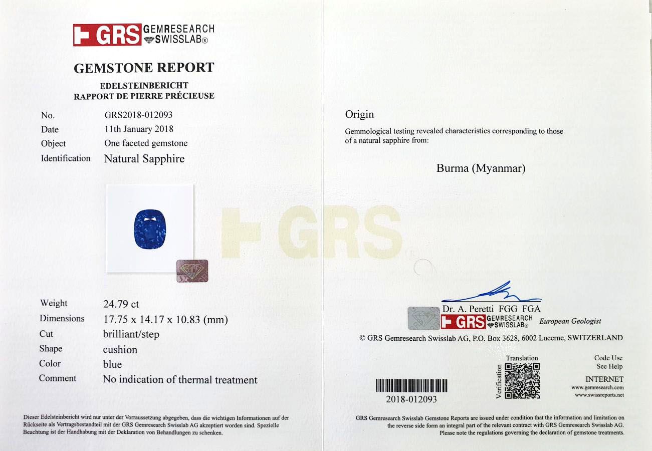 Сертификат Инвестиционный бирманский негретый сапфир 24,79 карата, GRS