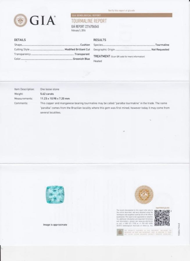 Сертификат Неоновый турмалин параиба в огранке кушон 5,62 карат, GIA