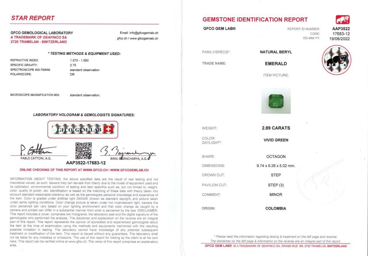Сертификат Насыщенный изумруд в огранке октагон 2,89 карат, Колумбия, GRS