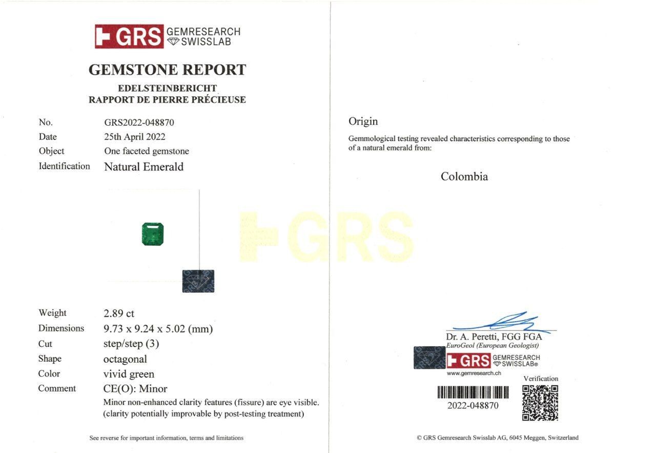 Сертификат Насыщенный изумруд в огранке октагон 2,89 карат, Колумбия, GRS