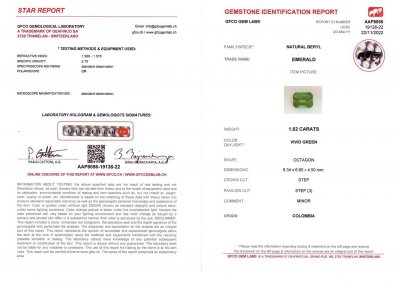 Сертификат Изумруд цвета Vivid Green 1,62 карат, Колумбия
