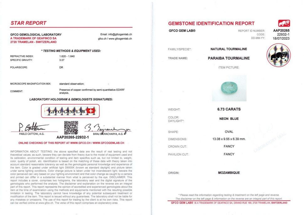 Сертификат Неоново-голубой турмалин Параиба в огранке овал 6,73 карат, Мозамбик