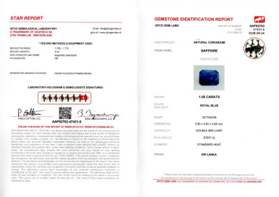 Сертификат Сапфир Royal Blue в огранке октагон 1,05 карат, Шри-Ланка 