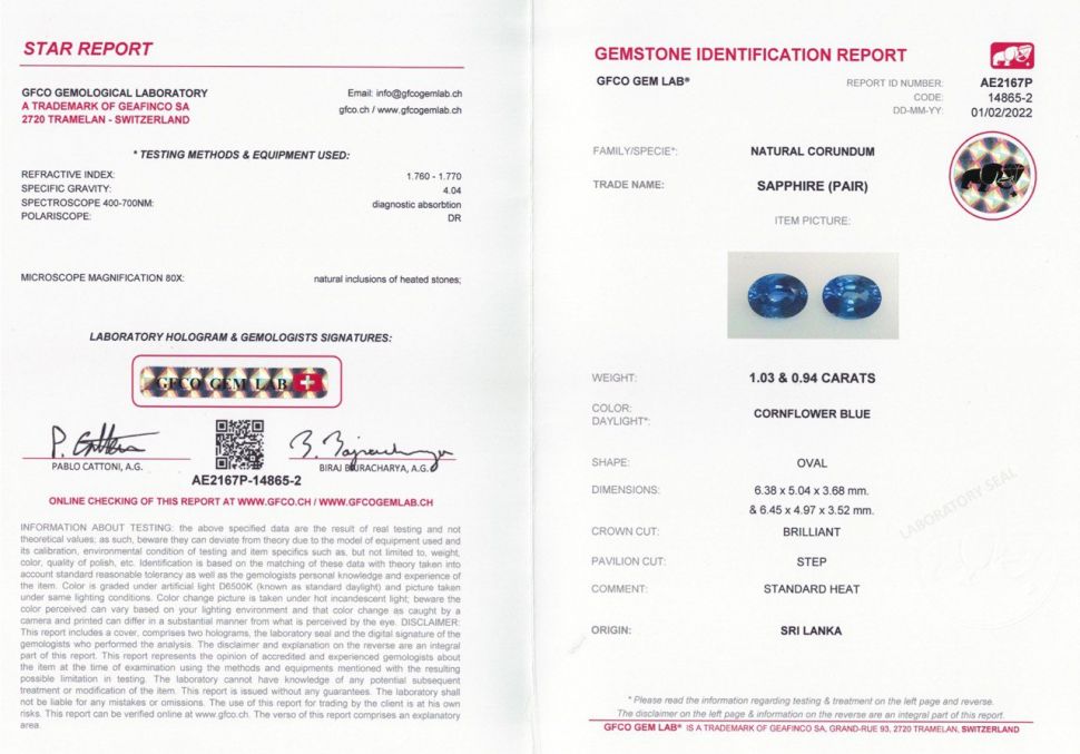 Сертификат Пара сапфиров цвета Cornflower в огранке овал 1,97 карат, Шри-Ланка