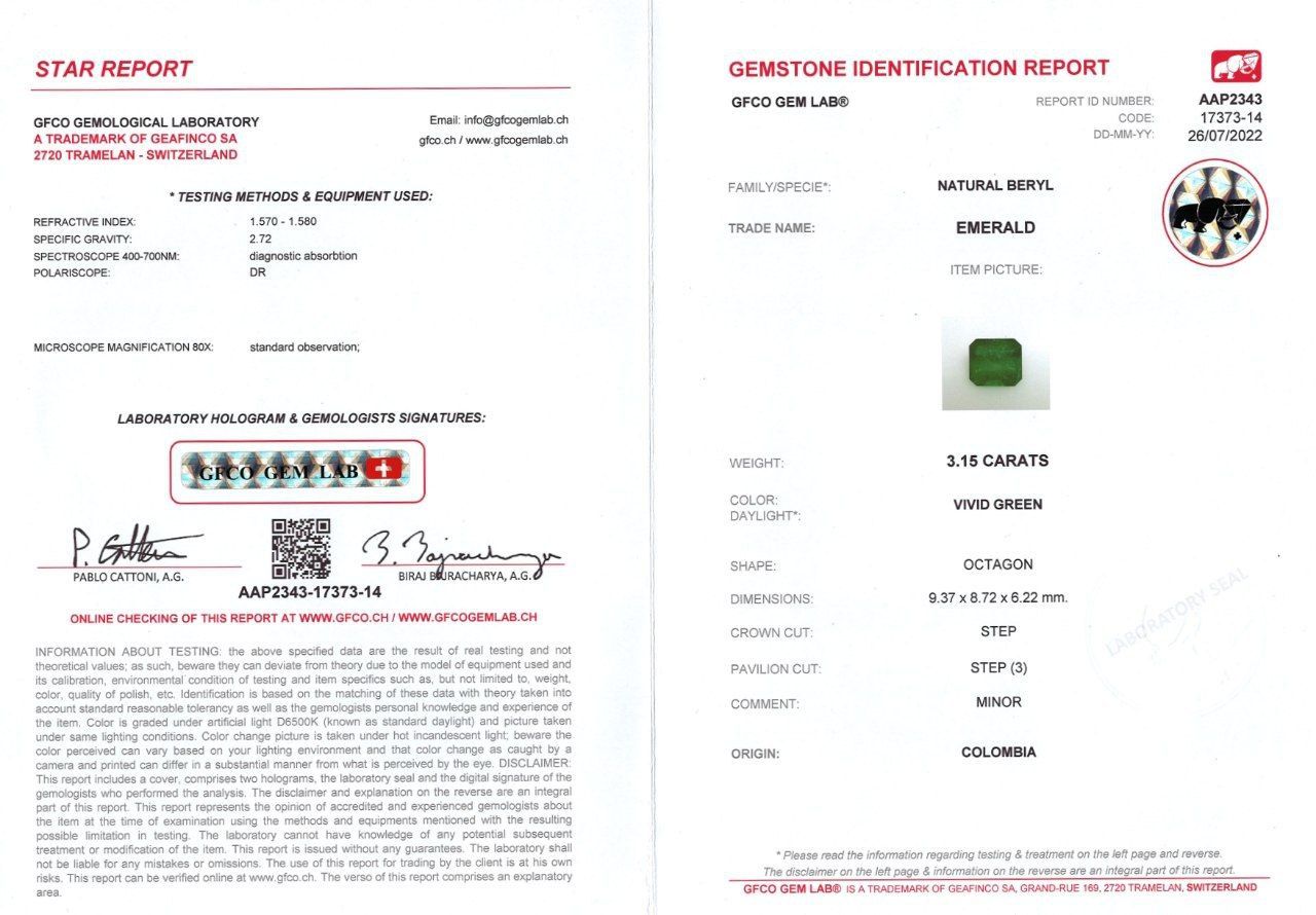 Сертификат Изумруд в огранке октагон 3,15 карат, Колумбия