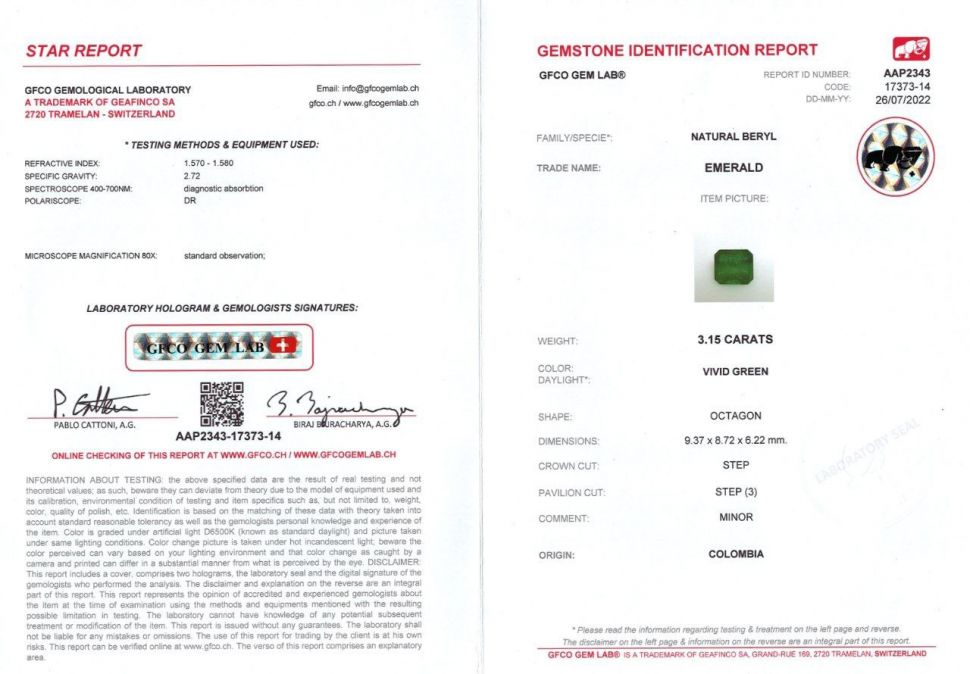 Сертификат Изумруд цвета Vivid Green в огранке октагон 3,15 карат, Колумбия