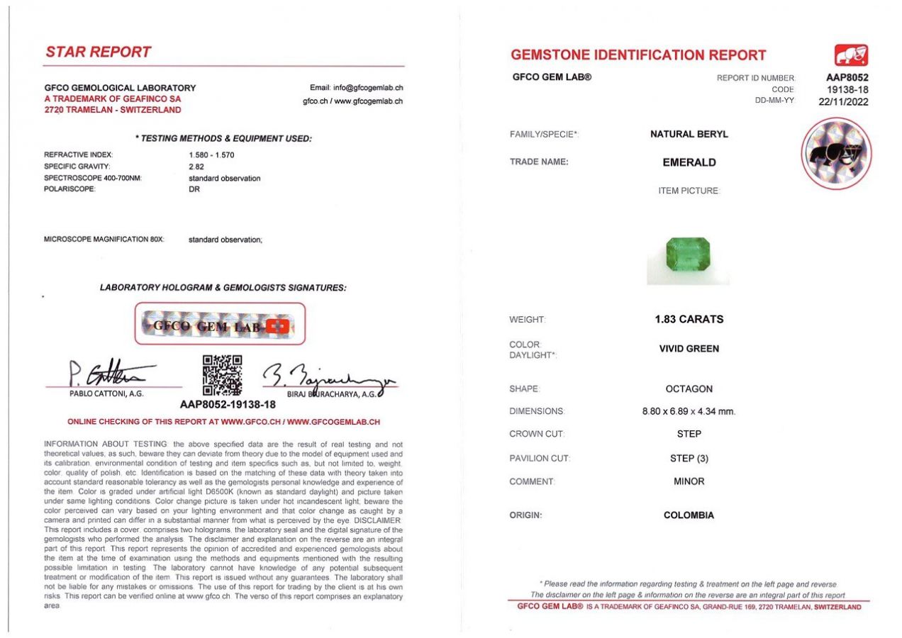 Сертификат Голубовато-зеленый колумбийский изумруд 1,83 карат