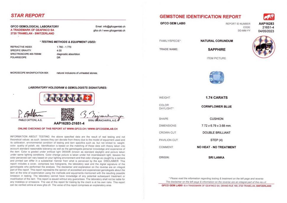 Сертификат Негретый васильковый сапфир в огранке кушон 1,74 карат, Шри-Ланка