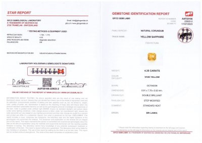 Сертификат Яркий жёлтый сапфир в огранке радиант 4,35 карат, Шри-Ланка