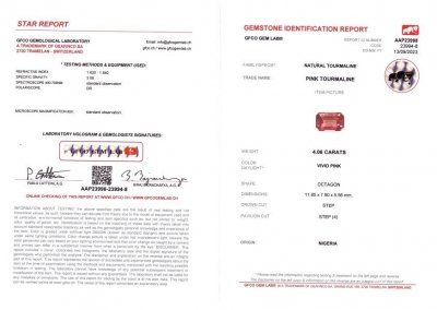 Сертификат Красно-оранжевый турмалин в огранке октагон 4,06 карат