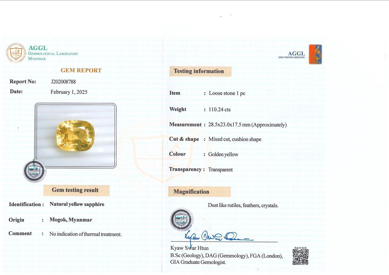 Негретый сапфир Golden Yellow в огранке кушон 110,24 карата, Бирма  Изображение №5