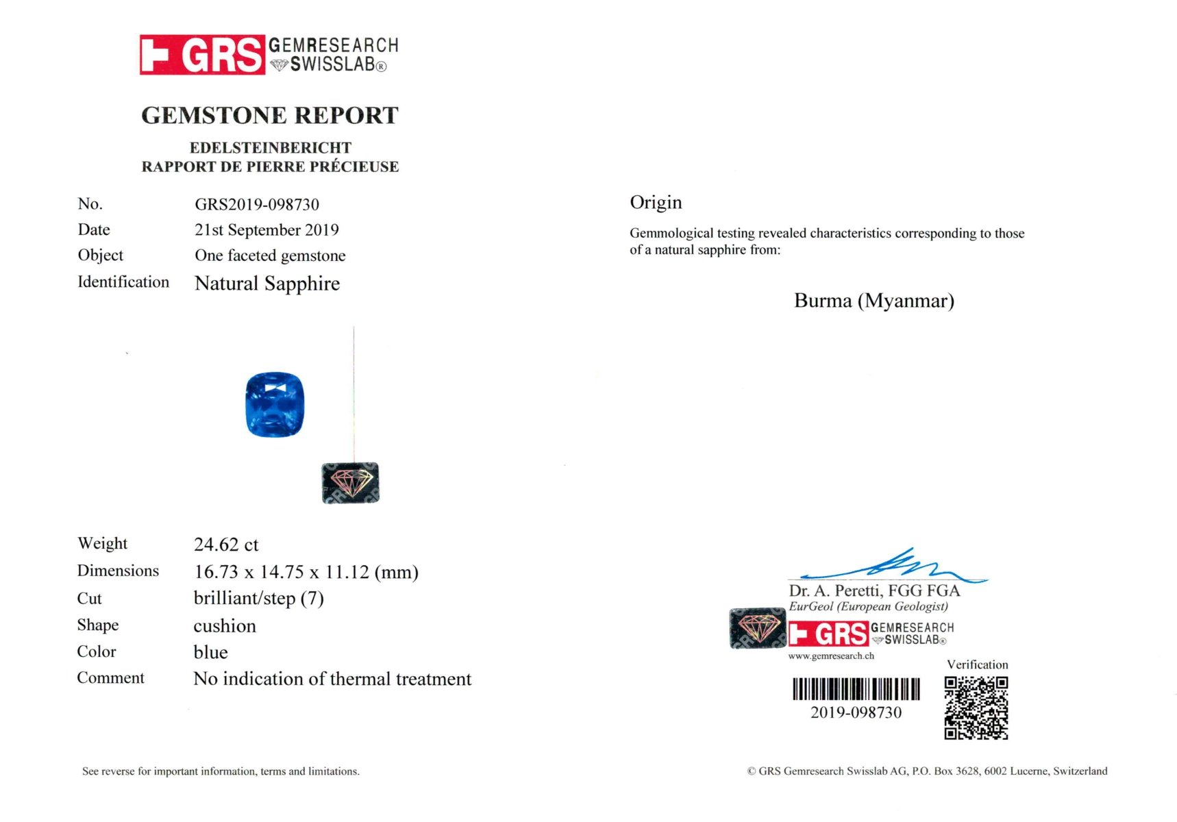 Бирманский синий сапфир 24,62 карата. GRS: No heat, Blue, Burma Изображение №8