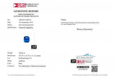 Сертификат Бирманский синий сапфир 24,62 карата. GRS: No heat, Blue, Burma