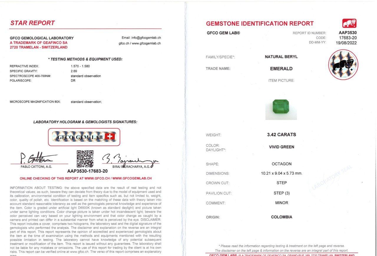 Сертификат Изумруд из Колумбии в огранке октагон 3,42 карата