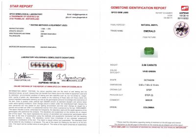 Сертификат Колумбийский изумруд Vivid Green 2,56 карата