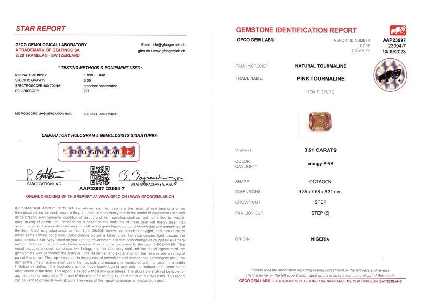 Сертификат Рубеллит в огранке октагон 3,51 карата, Африка