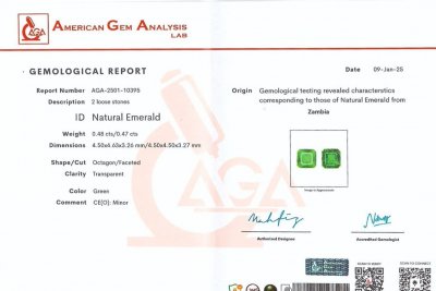 Сертификат Пара изумрудов в огранке октагон 0,95 карата, Замбия 