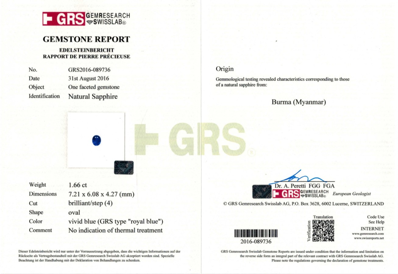 Сертификат Пара негретых бирманских сапфиров 3,30 карат, GRS