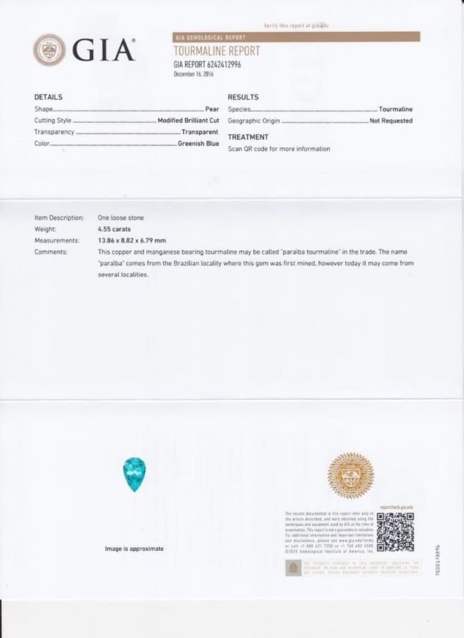 Сертификат Неоново-голубой турмалин параиба топового качества 4,55 карата, GIA