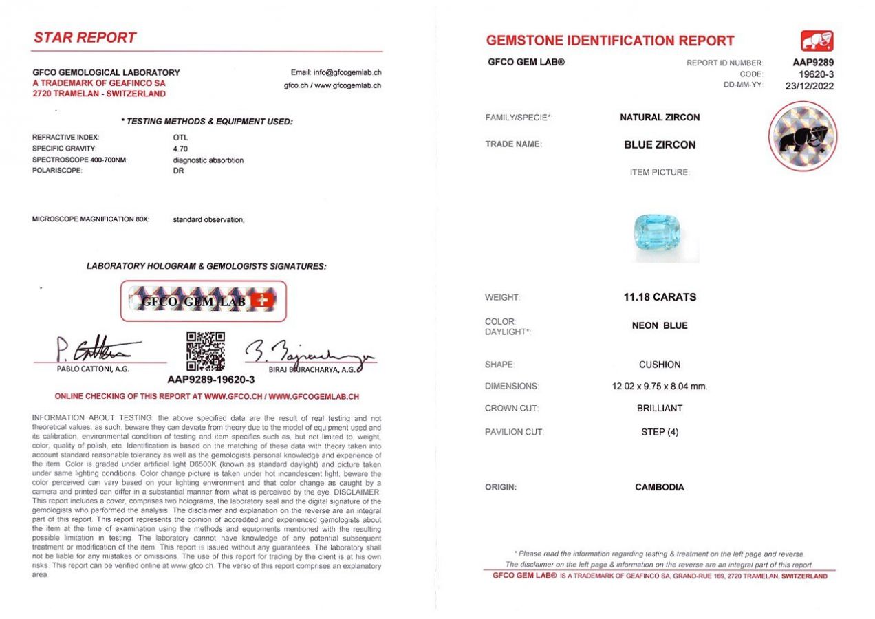 Сертификат Голубой циркон 11,18 карат в огранке кушон